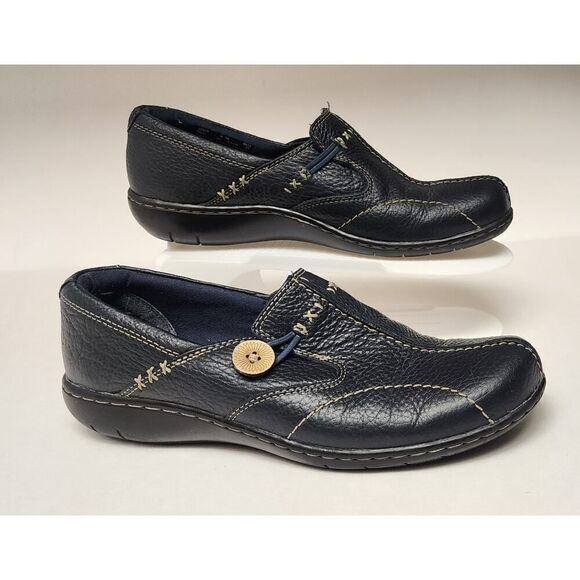 Clarks Bendables Women Navy Blue Leather Loafer Moccasin Shoes Size 8.5M - Picture 1 of 8
